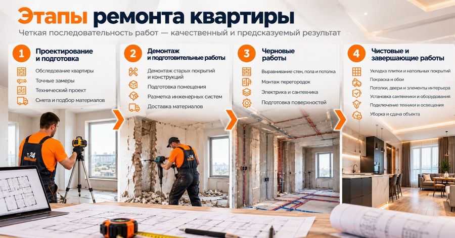 Etapele reparatiei apartamentului Этапы ремонта квартиры: последовательность и распределение работ