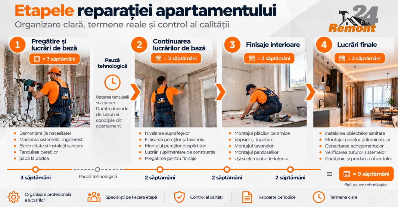 Etapele si durata reparatiei Организация ремонта квартиры: этапы и сроки выполнения работ